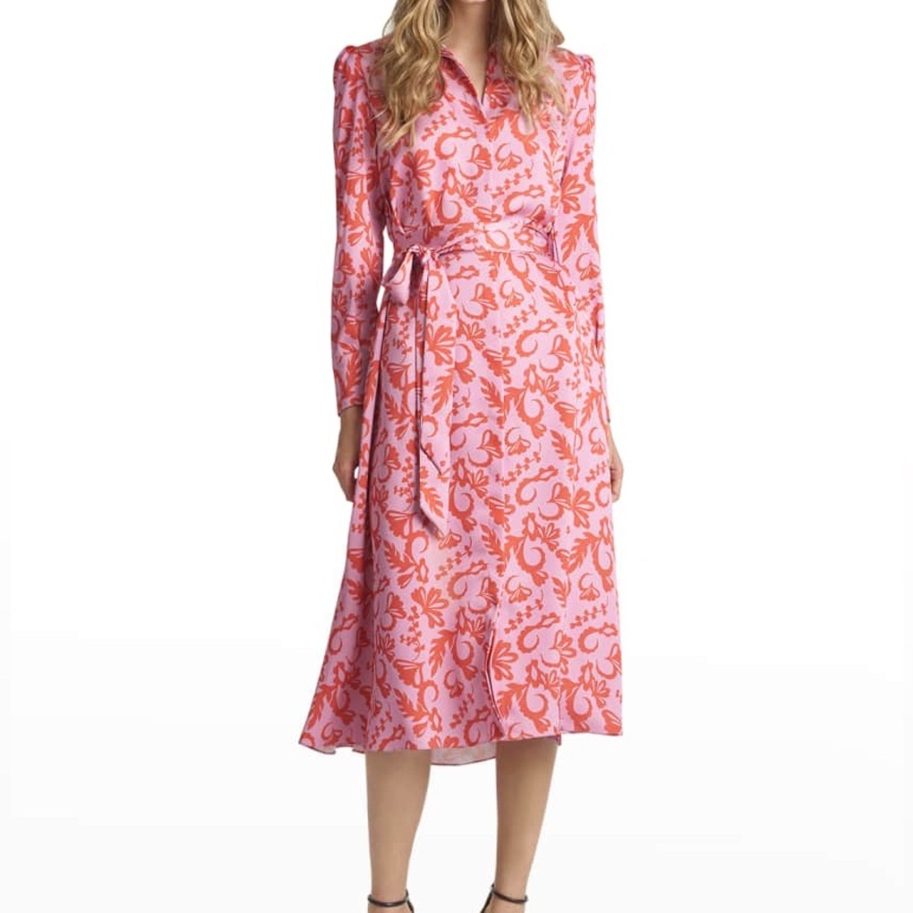 Sachin & Babi Lenora Belted Floral Midi Shirtdress | Size 12 | Pink Orange